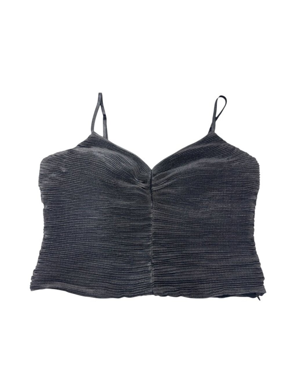 Express Women Pleated Metallic Crop Camisole Top SZ S Black/Silver Ruffle Back